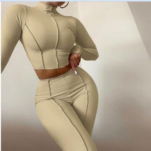 Women Solid Colour 2 Piece Pants Suits Outfits High Collar Long Sleeve Crop Top And Skinny Leggings Lady Casual Sporty Suit for women girls