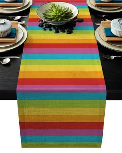Corredor de mesa linho serapilheira corredores tapete geométrico arco-íris listras cozinha placemat porta-copos para jantar festa em casa decoração de casamento 231101
