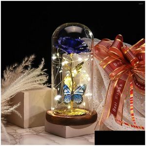 Decorative Flowers Wreaths Decorative Flowers Led Luminous Gold Foil Flower Butterfly In A Glass Dome String Light Solid Wood Base V Dhxpx