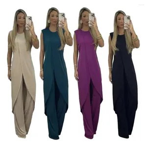 Women's Two Piece Pants Women Top Set Solid Color Soft Round Neck Loose Sleeveless Irregular Hem Blouse Trousers Conjuntos De Pantalones