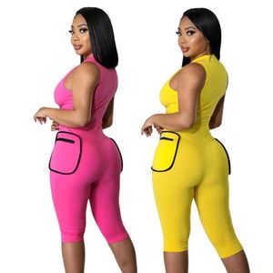 Womens Night Jumpsuit Solid Color Stand Collar Zipper Pocket Fold Movement