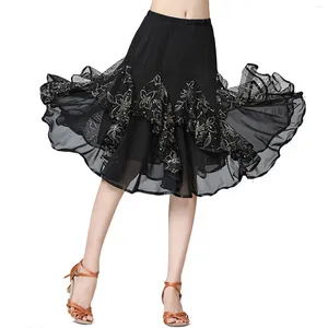 Gonne lunghe Flamenco Gonna da danza moderna Abito da valzer in rete con paillettes Costume da donna Sala da ballo latino 2023