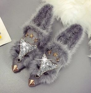 Dress Shoes Crystal Fox Pattern Winter Flat Loafers Women Metal Pointed Toe Glitter Fur Moccasins Brand Design Ballet Flats Ladies Shoes 231031