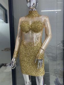 Sıradan Elbiseler Varış Kadınlar Uzun Kollu Seksi Mesh Shinning Crystal Bodycon Mini Elbise Kutlama Gece Kulübü Partisi Performans Custome