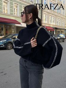 Women's Sweaters TRAFZA Women Fashion Black Spliced Cable Stitch Turtleneck Oversize Pullover Female Casual Long Sleeve Loose Sweater Vintage Top 231031