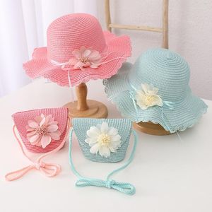 Berets Children Summer Straw Hat Girls Floral Sun Cap Bag For Kids Outdoor Beach Girl Cute Breathable Baby