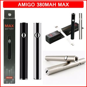 Комплект батарей Amigo 380 мАч Max Vape Предварительный нагрев VV Батареи с переменным напряжением и нижней зарядкой USB 510 Резьба для масляных тележек Картриджи Liberty Vapes Pen