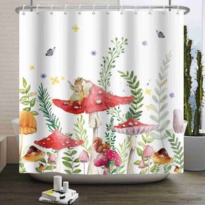 シャワーカーテンマッシュルームシャワーカーテンフラワーグリーン植物蝶の植物植物花の美的防水バスルームカーテンR231101