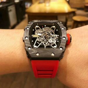 High Quality Mens Automatic Mechanical Watch Black Carbon Fiber Red Rubber Strap 12