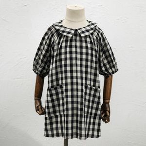 Vestidos para meninas algodão retrô preto e branco xadrez vestido para meninas verão gola boneca infantil meia manga casual bolsos soltos