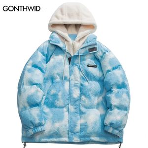 Herr ner parkas män vinter huva parka jackor streetwear hip hop slips färgämne fuzzy fluffy huva tjocka varma rockar harajuku mode casual utomhus 231031