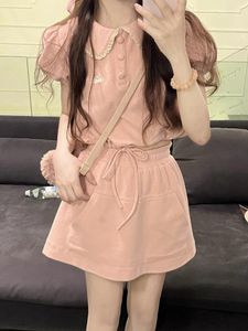 Vestidos de trabalho verão rosa doce conjunto de duas peças feminino moda coreana bonito festa mini saias terno feminino casual sólido saia kawaii 2023