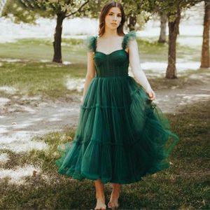 Sukienki imprezowe qx sukienki sklep formalny las leśny zielony zielony tiul Midi Promowa linia Kokska długość na ramię Vestidos de Gala