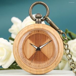Pocket Watches Classic Sector Pattern Dial Bamboo Wood Analog Quartz Watch With Bronze Fob Pendant Chain Gift Men