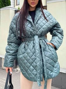 Women's Down Parkas Long Plaid Parka Winter Padded Jacket with Belt Elegant Apricot Slim Warm Cotton Quilted Coat for Women Bomber Jackets 231031