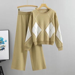 Tvådelt klänning sätter kvinnor spårdräkt 2023 Autumn Trouser Suits Female Sweatshirt Lozenge Sports Pullover Outfits Y2K Sportswear