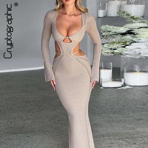 Casual Dresses Fall Winter V Neck Plunge Sticked Cut Out Dress Outfits For Women Party BodyCon Long Sleeve Maxi Bandage