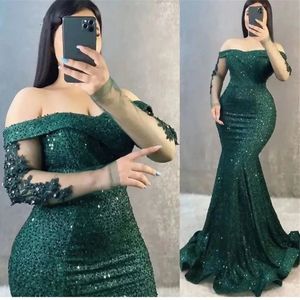Sparkly Sequin Green Mermaid Evening Dress Off Shoulder Long Sleeves Applique Arabic Women Formal Plus Size Birthday Party Gown Robe De Soiree