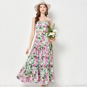 Arbetsklänningar Runway Summer Two Piece Dress Suits Women Rem Crop Tops Long Maxi kjolar Set Fashion Floral Print 2 PCS Outfits