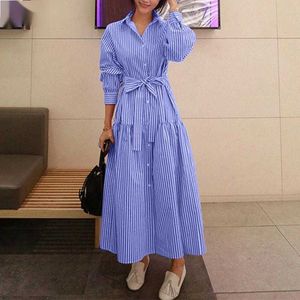 2023 Spring Lapel Neck Long Sleeve Long Shirt Dress Elegant Fashion Women randig sundress Kaftan Belted Vestidos Robe L23111