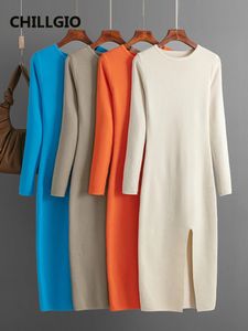 Podstawowe sukienki swobodne Chillgio Kobiety zimowe ciepło podzielone długie dzianinowe sukienki O imprezę z rękawem na szyję jesień moda koreańska solidna sweter 231031