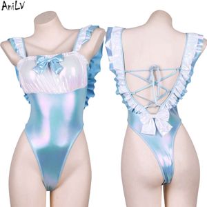 Ani brilhante menina azul laser maiô de uma peça unifrom feminino anime babados arco sem costas bodysuit trajes de banho cosplay cosplay