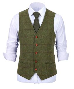 Mäns västar Army Green Vest Plaid Soft Wool Brown Jacket Casual Gentleman Tweed Business Waistcoat For Groosmen Man Wedding 230331