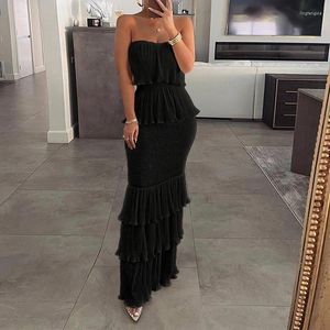 Casual Dresses 2023 Women Strapless Dress Solid Color Fashion Pleated Cascading Ruffles Party Sexy Tube Top Slim Bodycon