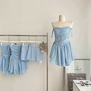 Lässige Kleider Frauen Sommer süßes Blumenkleid unter Shorts Lady Streetwear Feiertagsband Plisel kurz