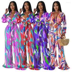 Women's Two Piece Pants Printed Satin Deep V Pleated Suit Summer Holidays Bohemian Style Long Sleeves Shirt And Wide Leg Trousers