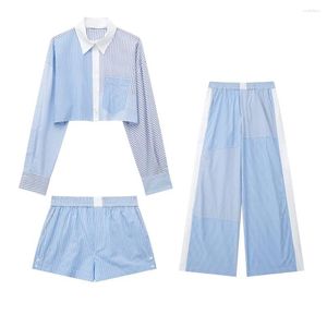 Calças femininas de duas peças 2023 primavera/verão moda listrado retalhos camisa de manga longa e vintage casual premium