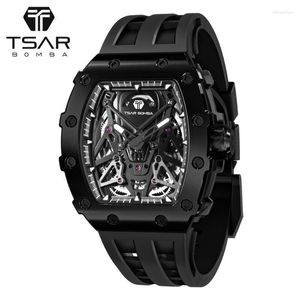 Relógios de pulso masculino relógio automático tsar bomba skeleton tonneau design de aço inoxidável mecânico 50m impermeabilizada watchwatch premium masculino presentew