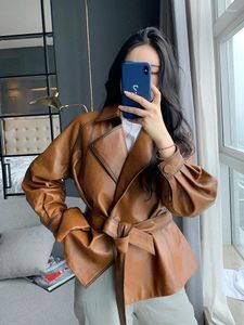 女性の革2023春秋の本物のジャケットミッドレングスファッションスリムフィットと薄いレースアップシープスキンコート