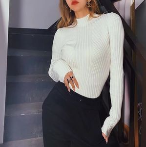 Women's Sexy Clothing Tops Stereo Texture Knit Solid Pullover High Collar Bodysuit Knitted High Strecth Jumpsuit Top