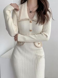 Повседневные платья, элегантное трикотажное платье, женское винтажное платье во французском стиле с вырезом поло, офисное женское корейское модное однотонное тонкое длинное платье с высокой талией