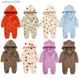 Tute 2023 bambino inverno pile pagliaccetto stampa cotone caldo vestito vestiti per 0-24M tuta neonato bambino orso con cappuccio tuta costumeL231101