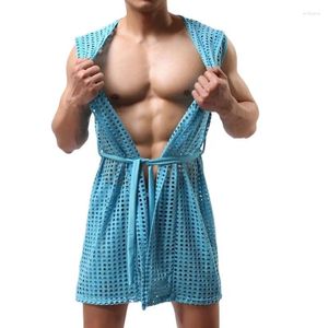 Men's Sleepwear Men Clothing Cotton Menswear Sexy Openwork Mesh Cardigan And Shorts 2 Pieces Set Shawl Sex Bathrobe Top Solid Color Kimono