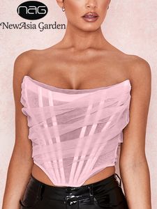 Damen Tanks Camis Asia Boning Mesh Korsett Top Slash Neck Backless Rüschen Sexy Sommer Crop Pink Trägerloses Tank Lavender Cropped 230331