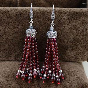 Dangle Earrings FNJ 925 Silver Tassel Drop Earring Natural Garnet MARCASITE S925 Sterling For Women Jewelry