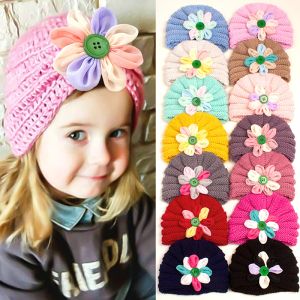 Ny baby hatt virkning stickad knapp blomma hatt varma kepsar spädbarn baby flicka vinter beanie turban hår tillbehör