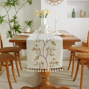 Corredor de mesa nórdico bordado planta corredor de mesa cáqui folhas borla chá tapete de mesa de algodão linho corredor de mesa decoração de casa jantar toalha de mesa 231101