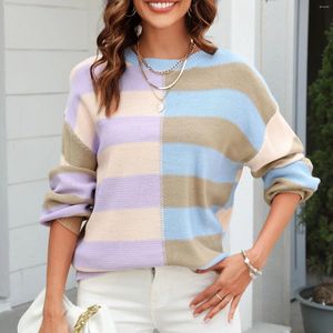 여자 스웨터 가을 스트라이프 컬러 블록 둥근 목 니트 스웨터 풀버 로파 드 무저 니트 여자