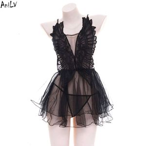 Ani Frauen Mädchen Schwarze Engelsflügel Mesh Kleid Kostüm Student Sexy Rückenfreier Badeanzug Uniformpool Party Cosplay Cosplay