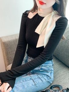 Kadın Sweaters Zarif Bowknot yakalı süveter sonbahar kıyafetleri 2023 Sonbahar ve Kış İç Giyim Üst Uzun Kollu Fanila