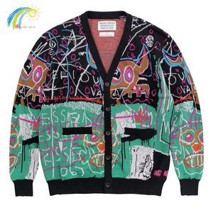 Jaquetas masculinas qualidade v pescoço de malha cardigan homens mulheres hip hop completo graffiti jacquard cor combinando wacko maria camisola casaco com tag 231101