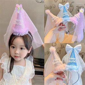 Hair Accessories X6HE Delicate Birthday Cone Hat Headpiece Headband With Veil For Girls Party Po Props Sparkly Sequins HeadWear