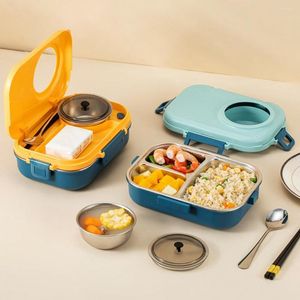 Geschirr-Sets 1 Set 1100 ml Behälter 3 Fächer BPA-freie Bento-Lunchbox aus Edelstahl mit Suppenschüssel, Löffel, Essstäbchen