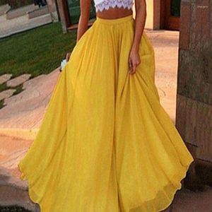 Skirts Women's Chiffon Dress Elastic Waistband High Waist A-Line Skirt Solid Color Pleated Flowy Large Hem Maxi Faldas