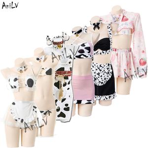 Ani 2022 Cow Series Beach Bikini Swimsuit Bodysuit Maid Unifrom Costume Anime Kawaii Girl Uniform Set Cosplay Pool Party cosplay