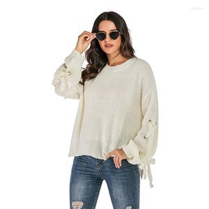 Kvinnors tröjor Solid White Lantern-Long-Sleeve Women Sweater 2023 Winter Lady Eyelet Drawstring snörning Split Loose Hipster Cool Top